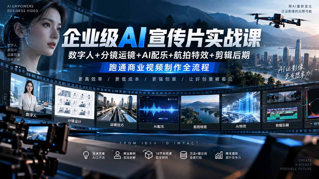 企业级AI宣传片实战课｜数字人+分镜运镜+AI配乐+航拍特效+剪辑后期，跑通商业视频制作全流程-鑫梵淘