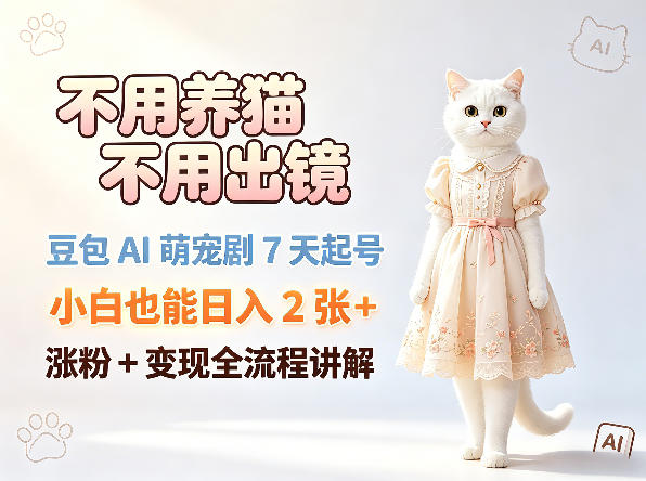 不用养猫不用出镜，豆包AI萌宠剧7天起号，小白也能日入2张+，涨粉+变现全流程讲解-鑫梵淘