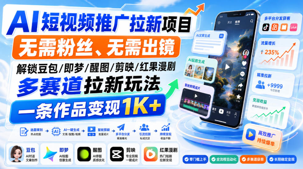 AI短视频推广拉新项目，无需粉丝、无需出镜，解锁豆包/即梦/醒图/剪映/红果漫剧多赛道拉新玩法，一条作品变现1K+(更新0918)-鑫梵淘