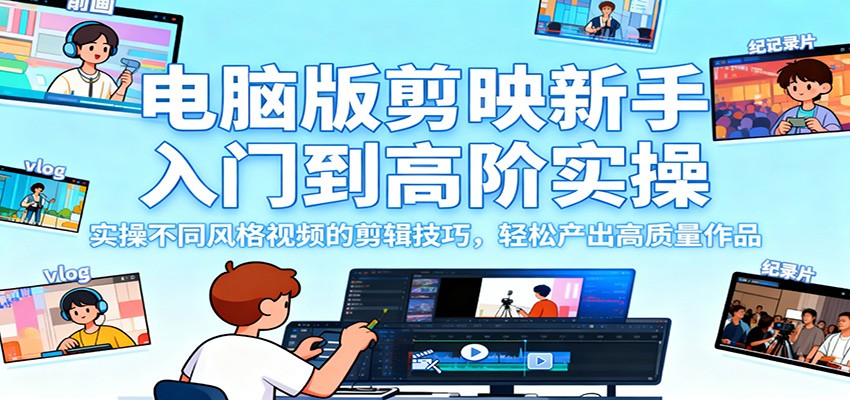 电脑版剪映新手入门到高阶实操，实操不同风格视频的剪辑技巧，轻松产出高质量作品-鑫梵淘