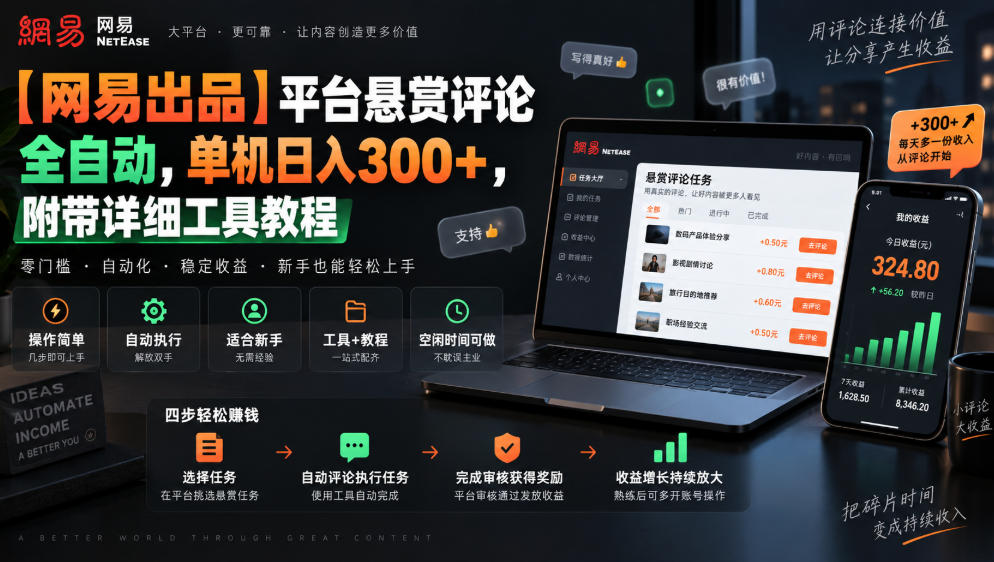 【网易出品】平台悬赏评论全自动，单机日入300+，附带详细工具教程【揭秘】-鑫梵淘
