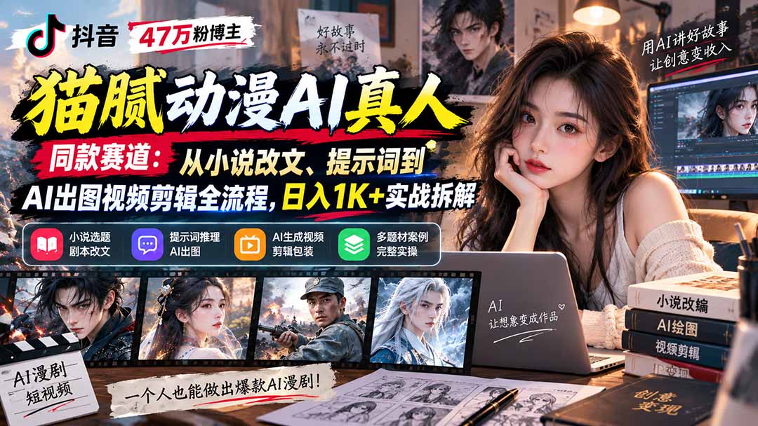 抖音47万粉博主猫腻动漫AI真人同款赛道：从小说改文、提示词到AI出图视频剪辑全流程，日入1K+实战拆解-鑫梵淘