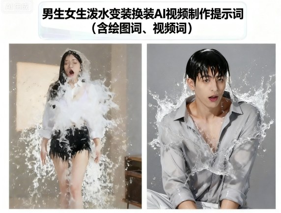 男生女生泼水变装换装AI视频制作提示词(含绘图词、视频词)-鑫梵淘