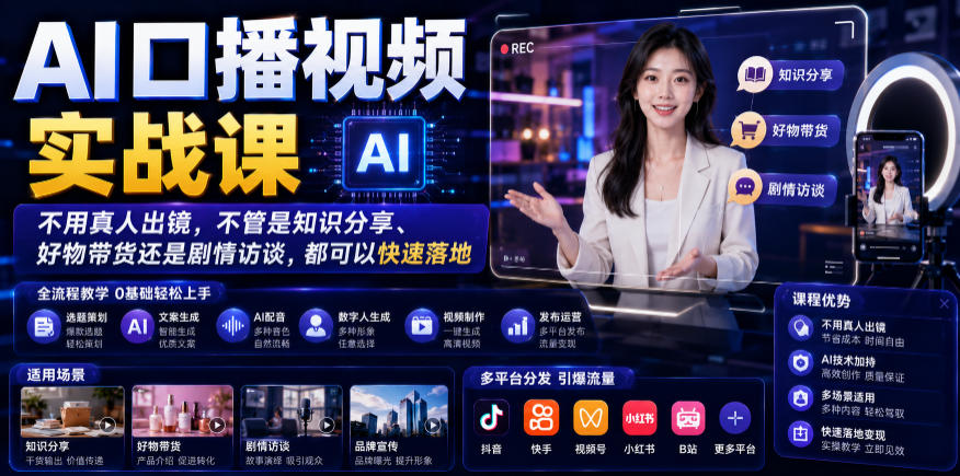 AI口播视频实战课，不用真人出镜，不管是知识分享、好物带货还是剧情访谈，都可以快速落地-鑫梵淘