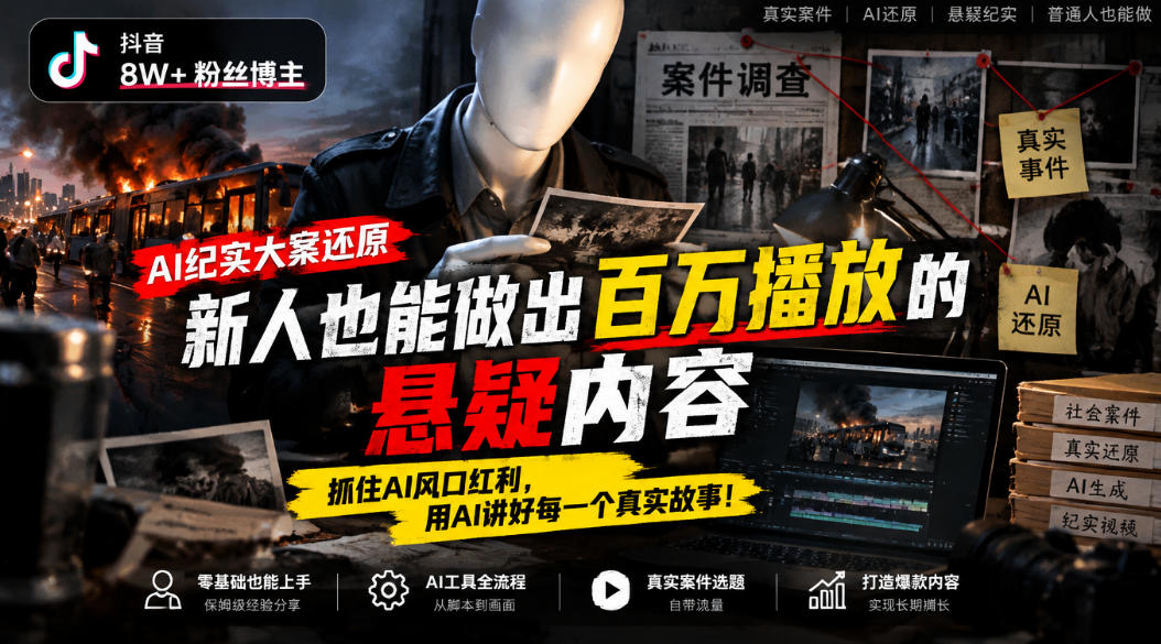 抖音8W粉丝博主的AI纪实大案还原教学，新人也能做出百W播放的悬疑内容，抓住AI风口红利，用AI讲好每一个真实故事(更新1014)-鑫梵淘
