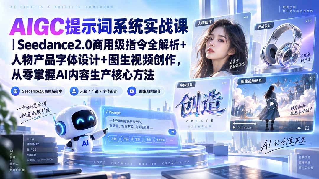 AIGC提示词系统实战课-无水印｜Seedance2.0商用级指令全解析+人物产品字体设计+图生视频创作，掌握AI内容生产方法-鑫梵淘