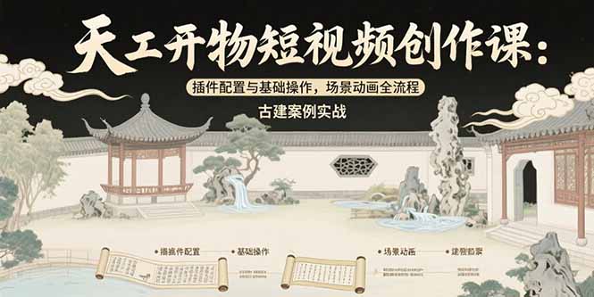 天工开物短视频创作课：插件配置与基础操作，场景动画全流程 古建案例实战-鑫梵淘