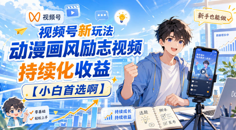 视频号新玩法动漫画风励志视频，持续化收益【小白首选啊】-鑫梵淘