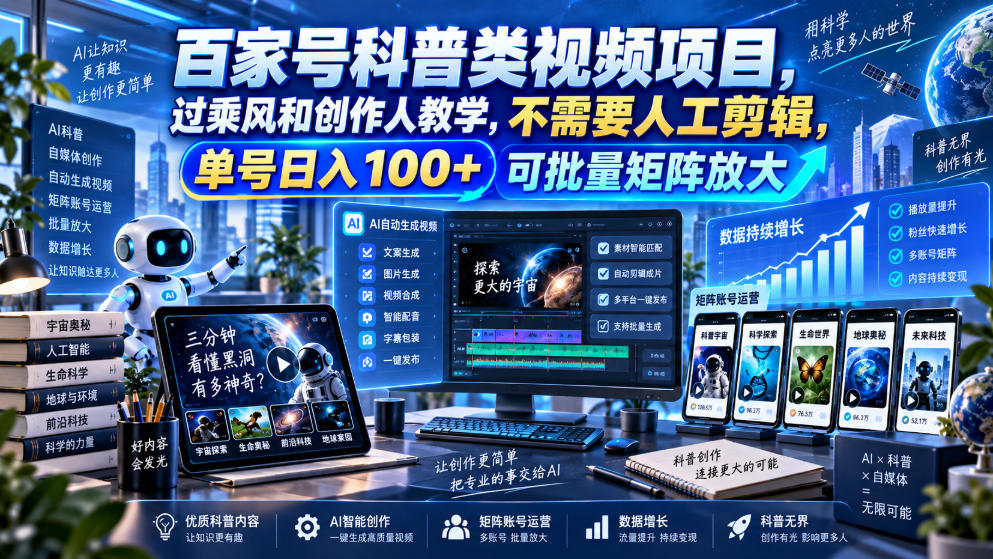 百家号科普类视频项目，过乘风和创作人教学，不需要人工剪辑，单号日入100+可批量矩阵放大-鑫梵淘