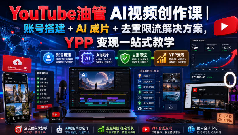 YouTube油管AI视频创作课｜账号搭建+AI成片+去重限流解决方案，YPP变现一站式教学(更新0817)-鑫梵淘