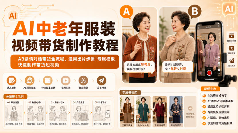 AI中老年服装视频带货制作教程｜AB剧情对话带货全流程，通用出片步骤+专属模板，快速制作带货短视频-鑫梵淘