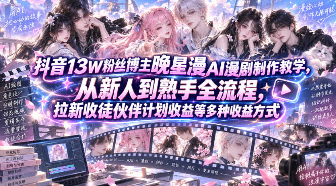 抖音13W粉丝博主晚星漫AI漫剧制作教学，从新人到熟手全流程，拉新收徒伙伴计划收益等多种收益方式，单日1K+-鑫梵淘