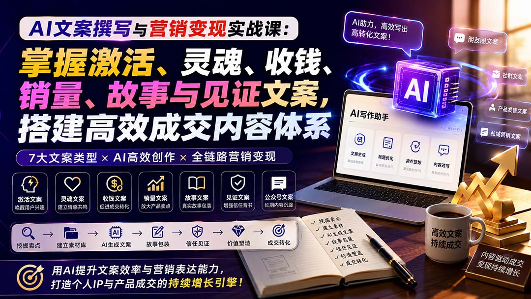AI文案撰写与营销变现实战课：掌握激活、灵魂、收钱、销量、故事与见证文案，搭建高效成交内容体系-鑫梵淘