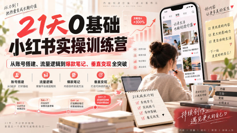 21天0基础小红书实操训练营｜从账号搭建、流量逻辑到爆款笔记、垂直变现全突破-鑫梵淘