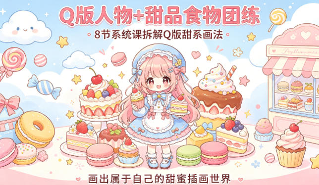 Q版人物+甜品食物团练，8节系统课拆解Q版甜系画法，画出属于自己的甜蜜插画世界-鑫梵淘
