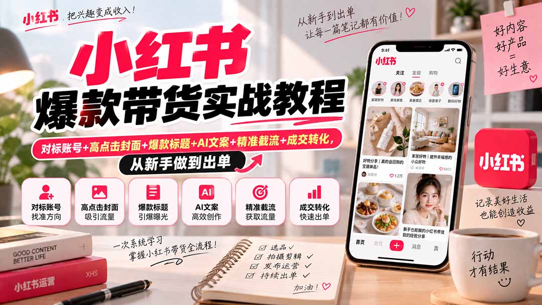 小红书爆款带货实战教程｜对标账号+高点击封面+爆款标题+AI文案+精准截流+成交转化，从新手做到出单-鑫梵淘