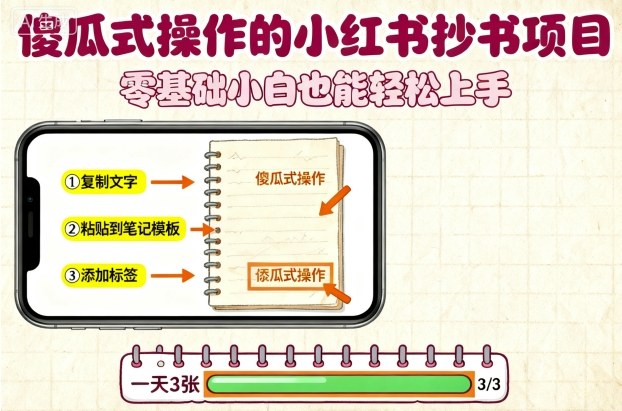 傻瓜式操作的小红书抄书项目，会复制粘贴就行，零基础小白也能一天3张-鑫梵淘