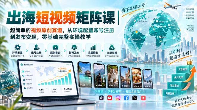 出海短视频矩阵课｜超简单的视频原创赛道，从环境配置账号注册到发布变现，零基础完整实操教学-鑫梵淘