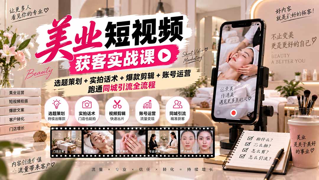 美业短视频获客实战课-无水印：选题策划+实拍话术+爆款剪辑+账号运营，跑通同城引流全流程-鑫梵淘