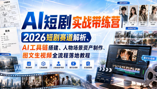 AI短剧实战带练营｜2026短剧赛道解析、AI工具链搭建、人物场景资产制作、图文生视频全流程落地教程-鑫梵淘