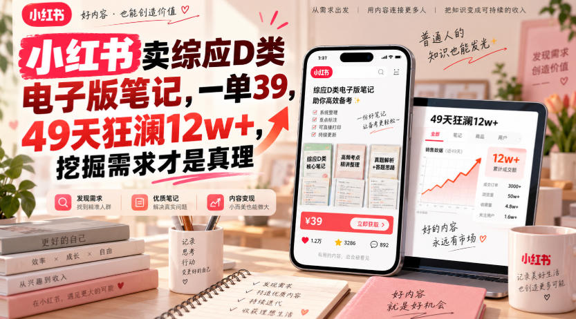 小红书卖综应D类电子版笔记，一单39，49天狂澜12w+，挖掘需求才是真理-鑫梵淘