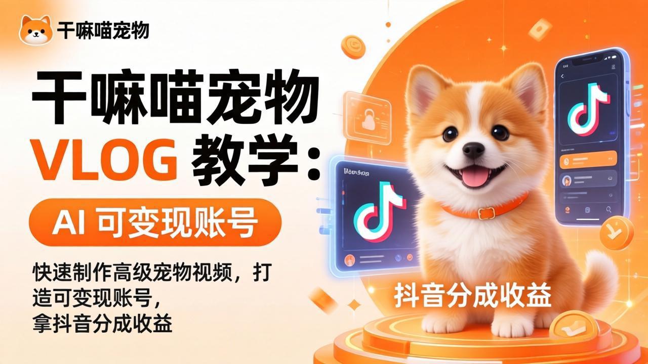 干嘛喵宠物 VLOG 教学：AI 快速制作高级宠物视频，打造可变现账号，拿抖音分成收益-鑫梵淘