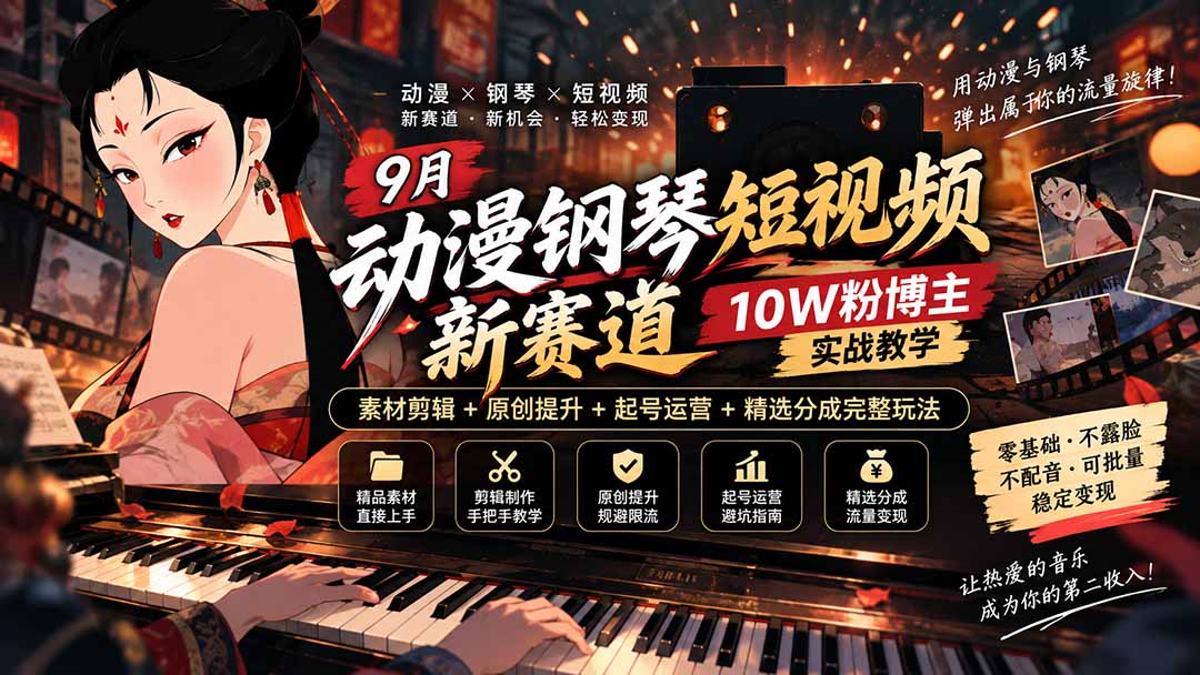 9月动漫钢琴短视频新赛道｜10W粉博主实战教学，素材剪辑+原创提升+起号运营+精选分成完整玩法-鑫梵淘