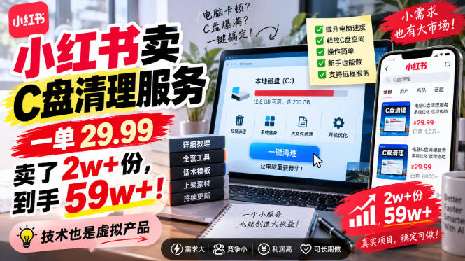 小红书卖C盘清理服务，一单29.99，卖了2w+份，技术也是虚拟产品-鑫梵淘