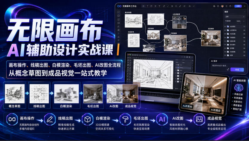 无限画布AI辅助设计实战课｜画布操作、线稿出图、白模渲染、毛坯出图、AI改图全流程，从概念草图到成品视觉一站式教学(更新0923)-鑫梵淘