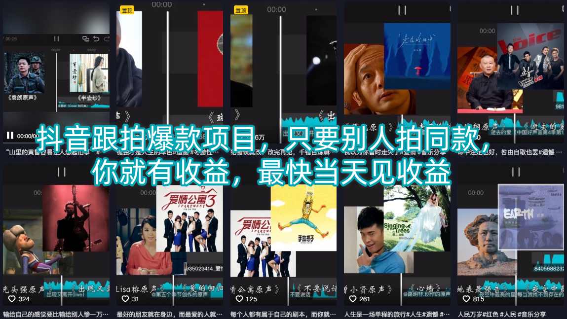 抖音跟拍爆款项目，只要别人拍同款，你就有收益，最快当天见收益-鑫梵淘