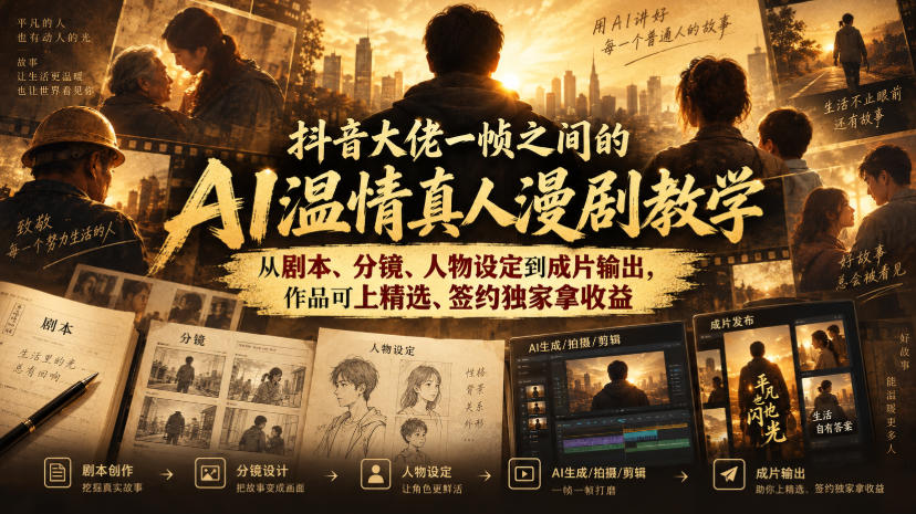 抖音大佬一帧之间的AI温情真人漫剧教学，从剧本、分镜、人物设定到成片输出，作品可上精选、签约独家拿收益-鑫梵淘
