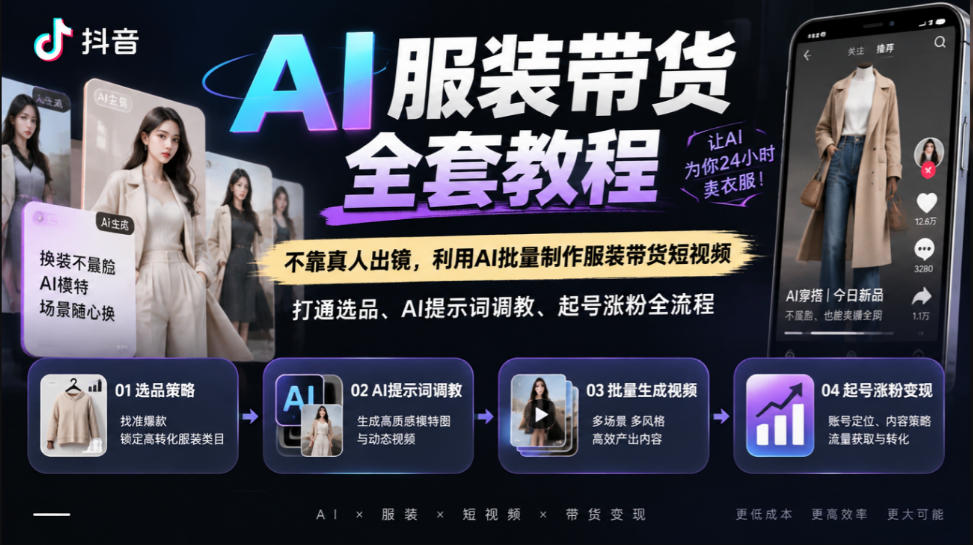抖音AI服装带货全套教程，不靠真人出镜，利用AI批量制作服装带货短视频，打通选品、AI提示词调教、起号涨粉全流程-鑫梵淘