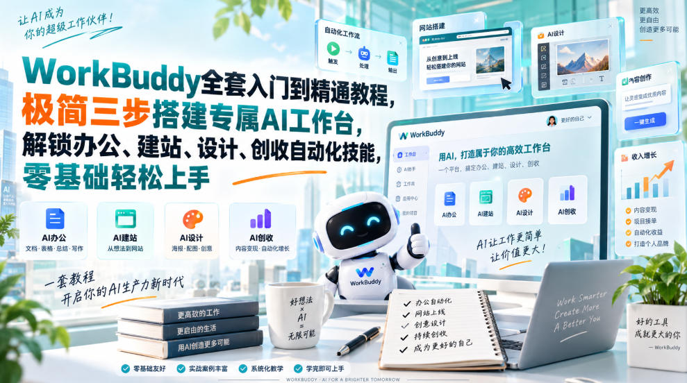 WorkBuddy全套入门到精通教程,极简三步搭建专属AI工作台,解锁办公、建站、设计、创收自动化技能,零基础轻松上手