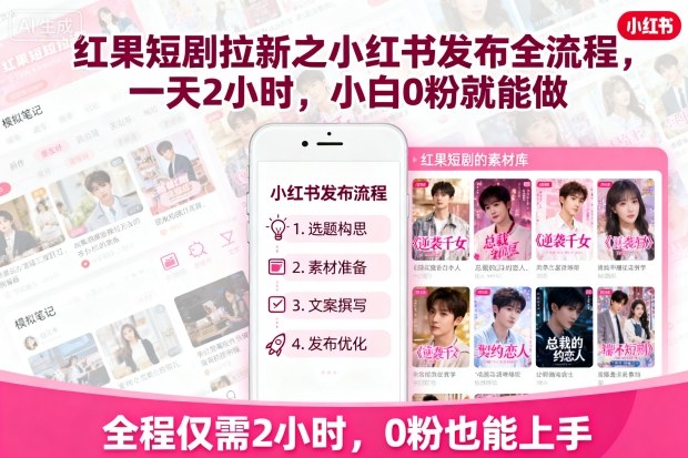红果短剧拉新之小红书发布全流程，一天2小时，小白0粉就能做-鑫梵淘