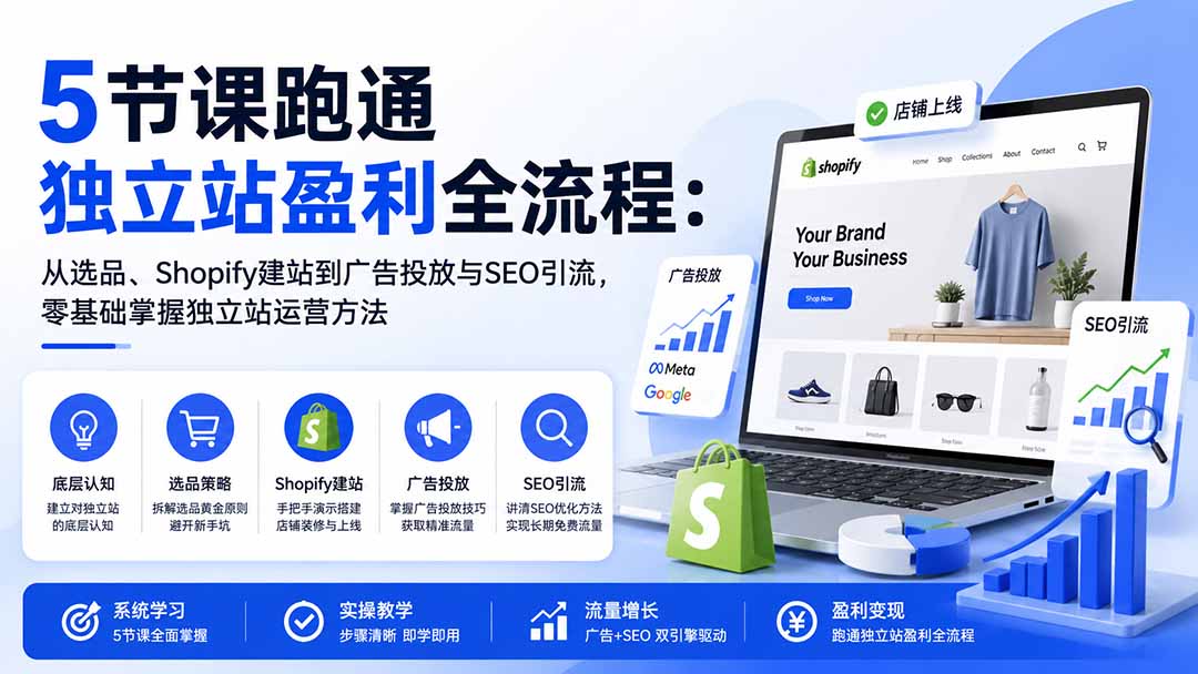 5节课跑通独立站盈利全流程：从选品、Shopify建站到广告投放与SEO引流，零基础掌握独立站运营方法-鑫梵淘
