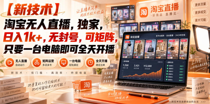 【独家新技术】淘宝无人直播，日入1k+，无封号，可矩阵，只要一台电脑即可全天开播【揭秘】-鑫梵淘