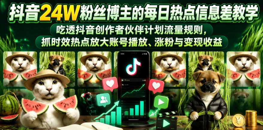 抖音24W粉丝博主的每日热点信息差教学，吃透创作者伙伴计划流量规则，抓时效热点放大账号播放、涨粉与变现收益-鑫梵淘