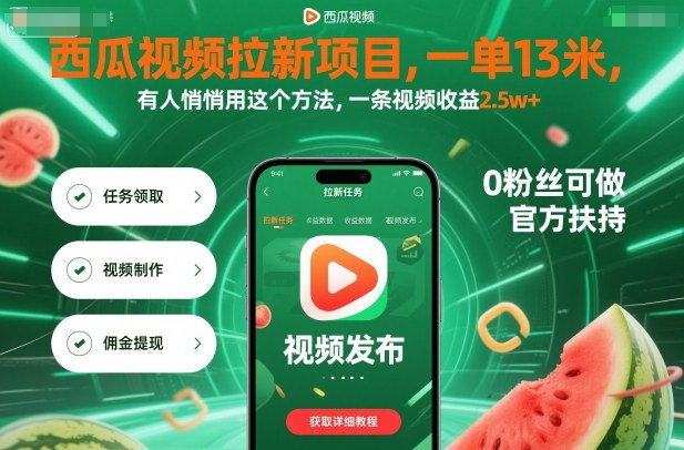 西瓜视频拉新项目，一单13米，有人悄悄用这个方法，一条视频收益2.5w+(附详细教程)-鑫梵淘