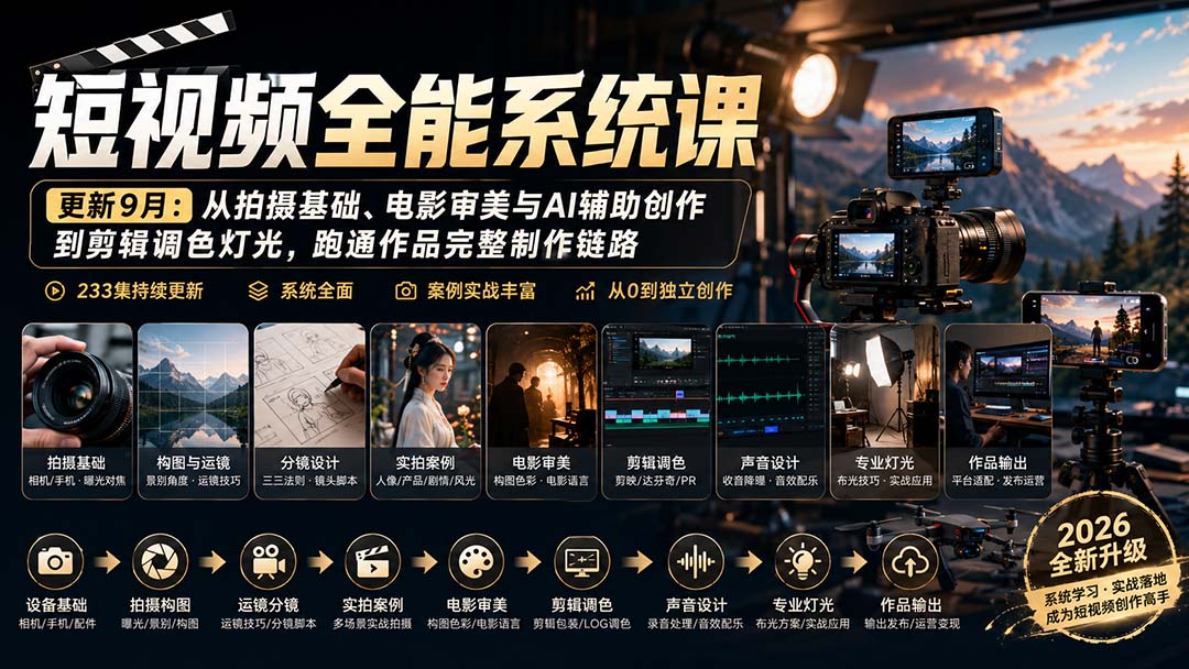 短视频全能系统课-更新8月233集：从拍摄基础、电影审美与AI辅助创作到剪辑调色灯光，跑通作品完整制作链路-鑫梵淘