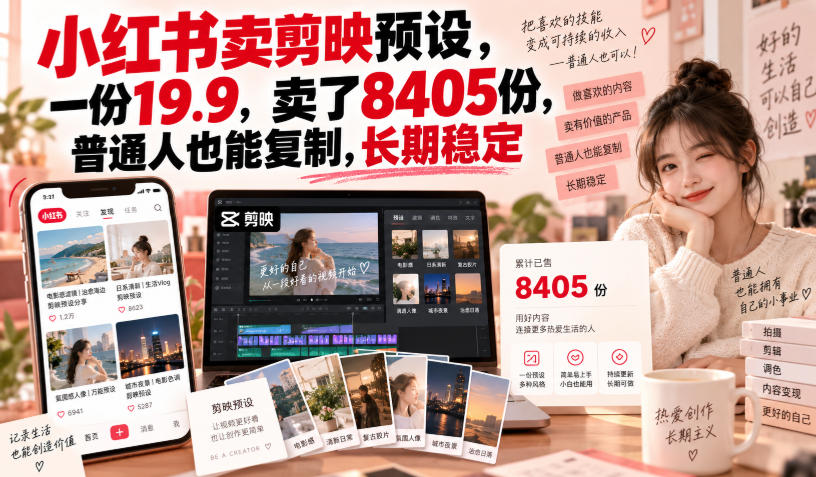 小红书卖剪映预设，一份19.9，卖了8405份，普通人也能复制，长期稳定-鑫梵淘