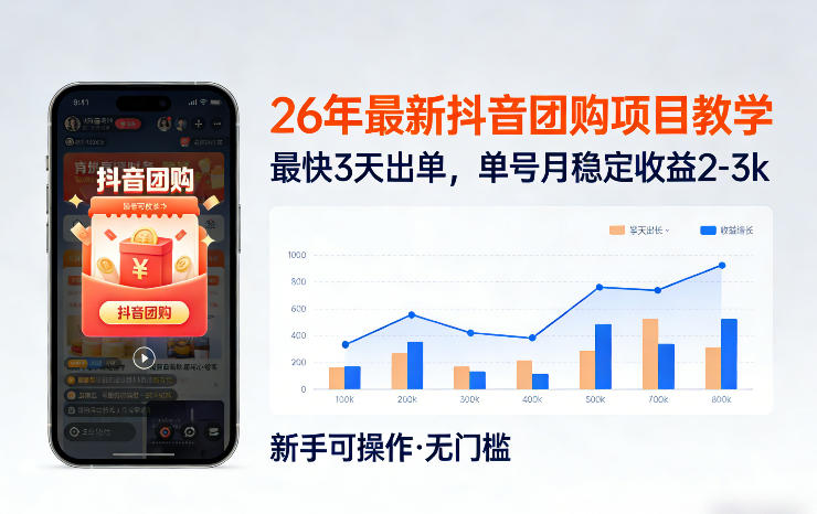26年最新抖音团购项目教学，0门槛，最快3天出单，单号月稳定收益2-3k-鑫梵淘
