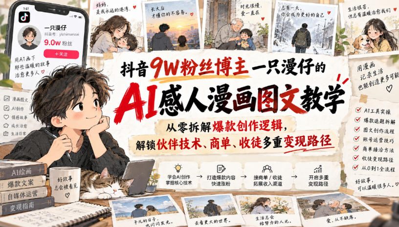 抖音9W粉丝博主一只漫仔的AI感人漫画图文教学，从零拆解爆款创作逻辑，解锁伙伴技术、商单、收徒多重变现路径-鑫梵淘