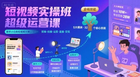 短视频实操班超级运营课，新手小白到短视频大神必修课程，剪辑-拍摄-运营-直播-变现-鑫梵淘