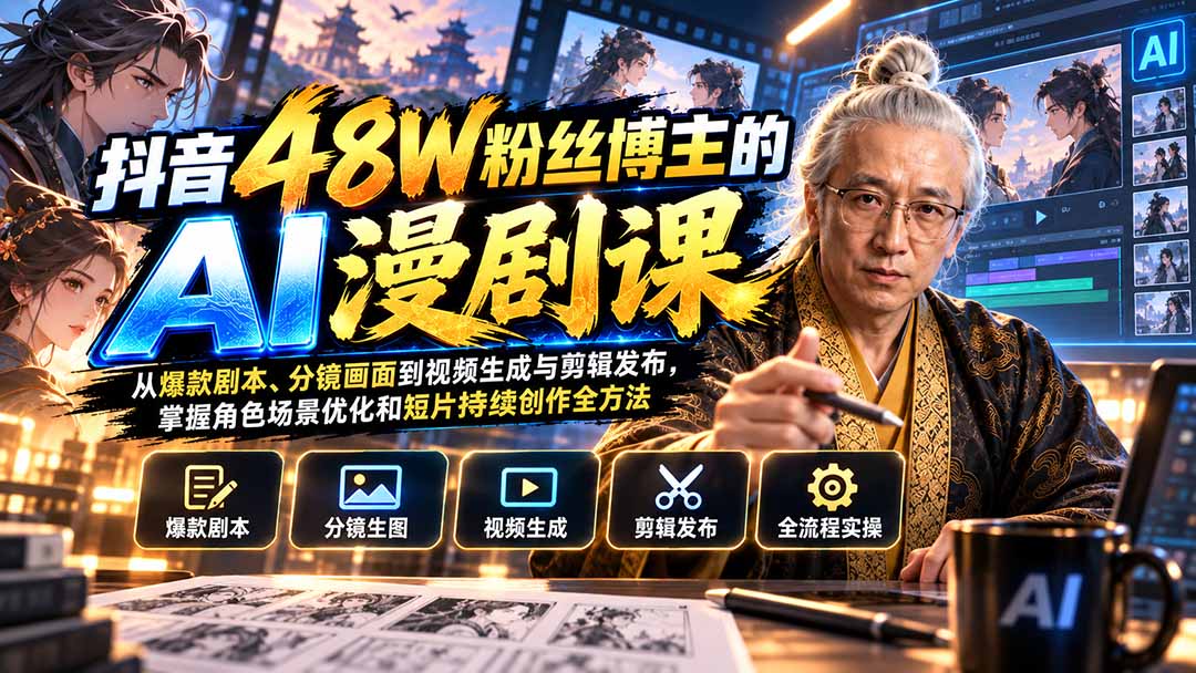 抖音48W粉丝博主的AI漫剧课：从爆款剧本、分镜画面到视频生成与剪辑发布，掌握角色场景优化和短片持续创作全方法-鑫梵淘