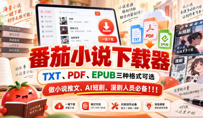 番茄小说下载器，TXT、PDF、EPUB三种格式可选，做小说推文、AI短剧、漫剧人员必备！！！-鑫梵淘