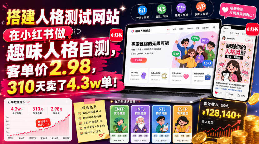 搭建人格测试网站在小红书做趣味人格自测，客单价2.98，310天卖了4.3w单！-鑫梵淘