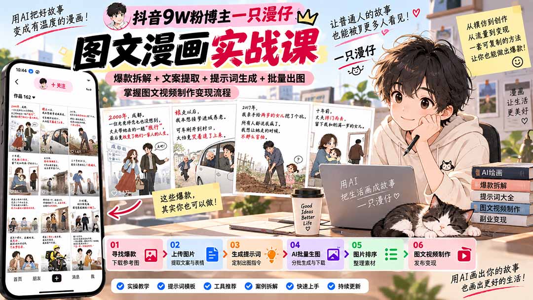 抖音9W粉博主一只漫仔图文漫画课：爆款拆解+文案提取+提示词生成+批量出图，掌握图文视频制作变现流程-鑫梵淘