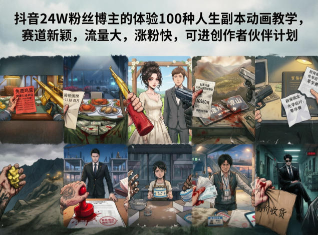 抖音24W粉丝博主的体验100种人生副本动画教学，赛道新颖，流量大，涨粉快，可进创作者伙伴计划-鑫梵淘