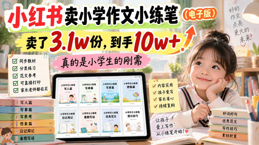 小红书卖小学作文小练笔(电子版)，卖了3.1w份，到手10w+，真的是小学生的刚需-鑫梵淘