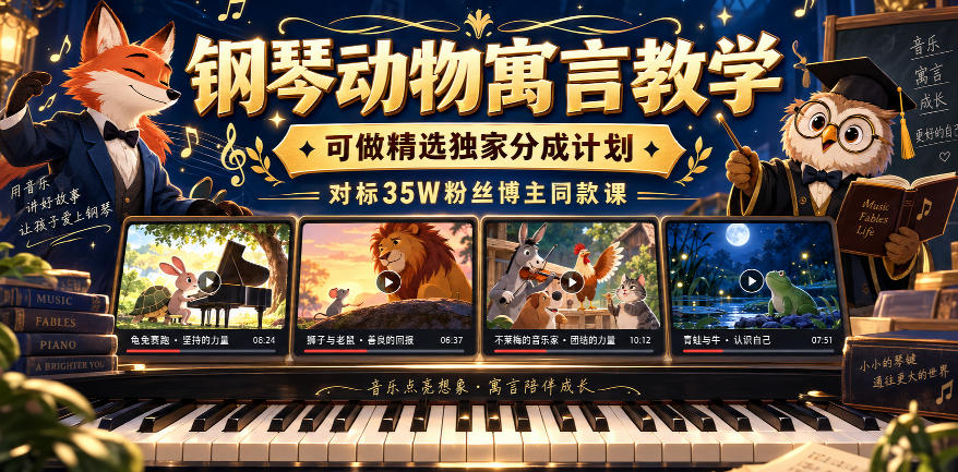 钢琴动物寓言教学，可做精选独家分成计划，对标35W粉丝博主同款课-鑫梵淘
